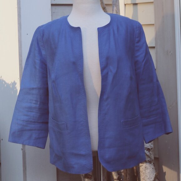 Talbots Plus Size WIde Petite Royal Blue Linen Stitched Trim Open Jacket Sz 16WP - Picture 1 of 9